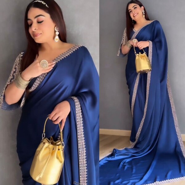 Blue Saree Coding Work Border with Embroidery Blouse For Indian USA Weeding Women Party Wear Saree Royal Blue Saree, Wedding Saree