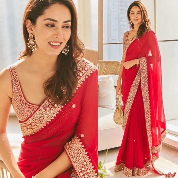 Red Color Designer Manish Malhotra Inspired Georgette Embroidery Sequence Work Saree, Bollywood Saree, Party Wear Saree, Wedding Saree