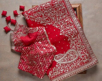 Sabyasachi Inspiriert Rote Farbe Stickerei Reihenfolge Arbeit Saree, Hochzeit Saree, Bollywood Saree, Party Wear Saree, indische Brautjungfer Saree