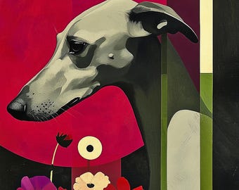 Greyhound Art Print: Modern Abstract Dog Portrait with Flowers (18x24" JPEG Digital Download)