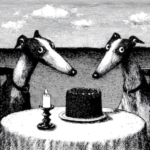 Vintage Whippet Art Print: Dogs Eating Cake, Black and White (Digital Download)