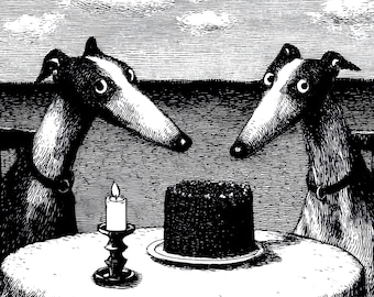 Whippets Eating Cake -  Printable Dog Art - Greyhound Digital Download, Vintage Dog Print for Whippet Lovers, Black and White Greyhound Art
