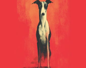 Greyhound Dog Art Print: Minimalist Pet Portrait on Red (Digital Download)