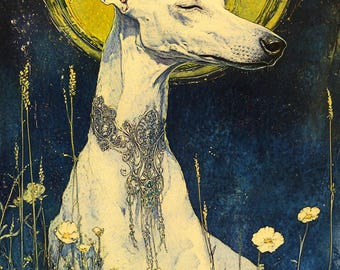 Vintage Greyhound Art Print: Whimsical Floral Dog Portrait (Digital Download)