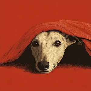Impressão artística de galgo: ilustração de cachorro caprichoso, cobertor vermelho (download digital 18x24 polegadas JPEG)
