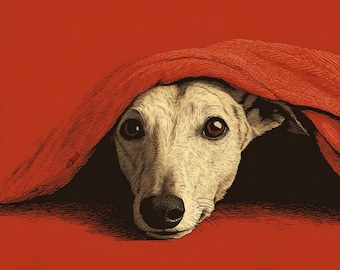 Greyhound Art Print: Whimsical Dog Illustration, Red Blanket (Digital Download 18x24 inches JPEG)