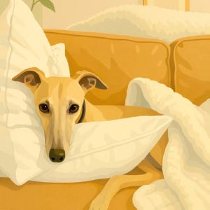 Whippet Dog Print Art - Cozy Whippet Illustration - Yellow Couch Whippet Decor - Greyhound Art Print - Whippet Wall Art - Modern Dog Decor