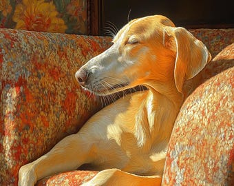 Perro de caza en una habitación soleada: Impresión artística digital relajante (descarga digital de 24 x 36)