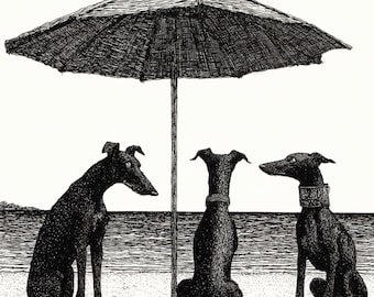 Digital Greyhound Art Print Black And White Dog Illustration Vintage Beach Scene Wall Decor Download For Dog Lovers And Pet Owners