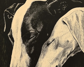 Elegant Greyhound and Whippet Duo Art  – Minimalist Black and White Digital Illustration – Whippet Lover gift for Elegant Home Decor
