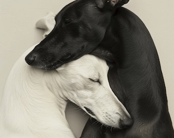 Greyhound Snuggle - Black and White Digital Art Print - Greyhound Lover&#39;s Wall Decor - Minimalist Digital Home Decor - Instant Download