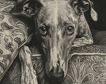 Whippet Etched Style Portrait Art Print  - Whippet Lovers Decor - Whippet Black and White Artwork - Art Deco Era style Whippet Etching