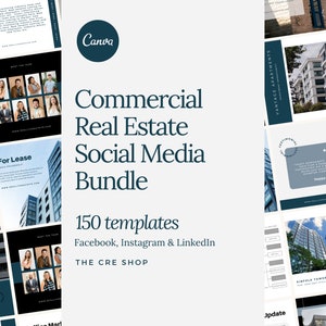 May include: A collection of social media templates for commercial real estate, featuring a variety of designs with text and images. The templates are for Facebook, Instagram, and LinkedIn, with the Canva logo visible.