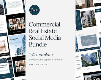 May include: A collection of social media templates for commercial real estate, featuring a variety of designs with text and images. The templates are for Facebook, Instagram, and LinkedIn, with the Canva logo visible.