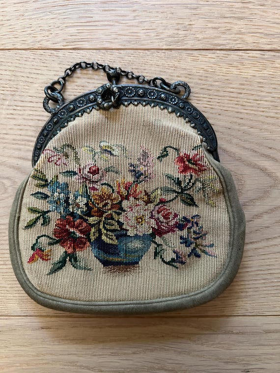 Antique Petit Point Floral Needlepoint Purse