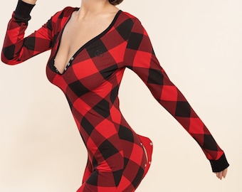 Pajama with Open Butt Flap Sexy Sleep Suit - Black Red Checkered
