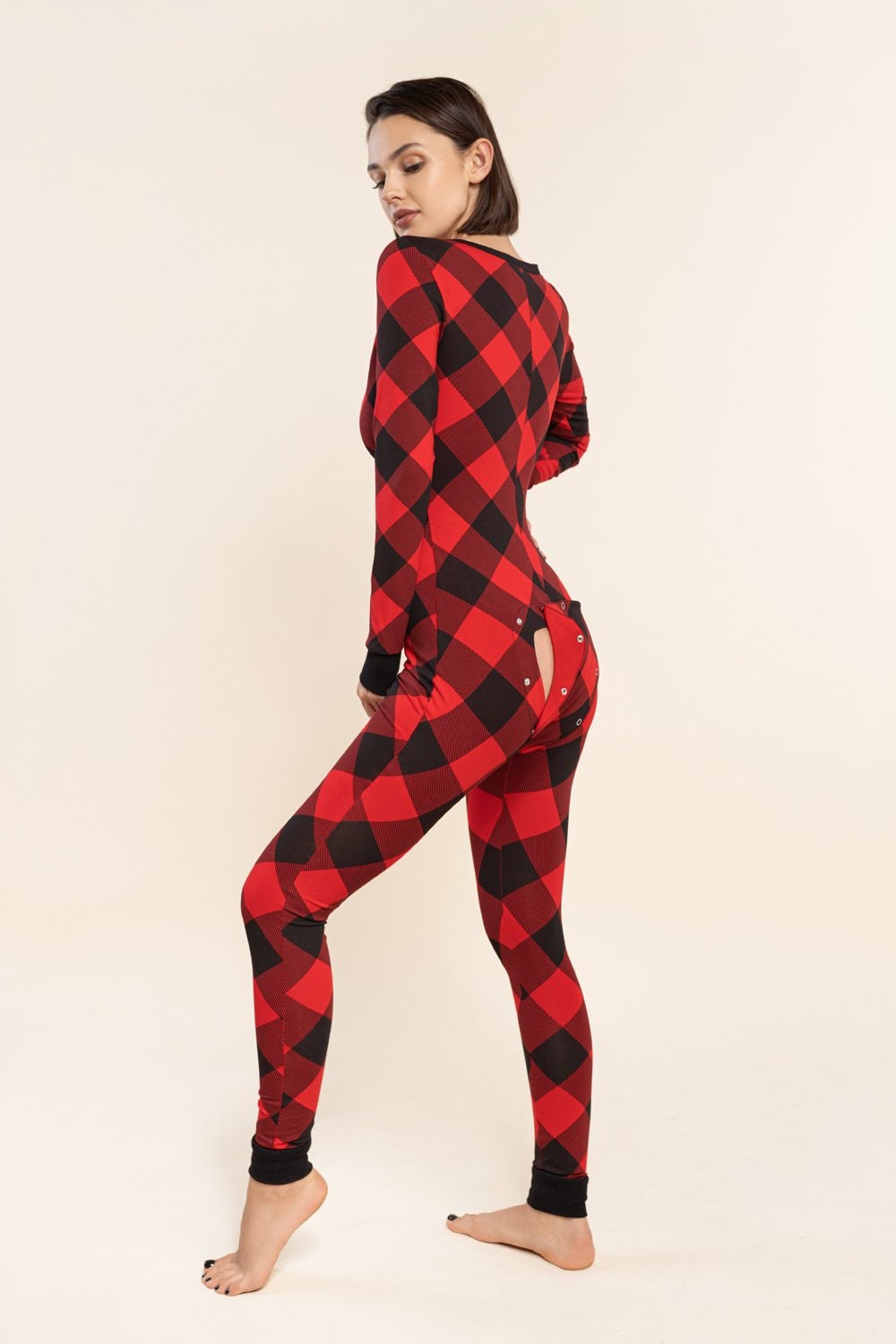 Pajama With Open Butt Flap Sexy Sleep Suit Black Red Checkered Etsy 