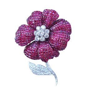 Flower Pin Brooch For Women/Men 925 Sterling Silver Invisible Studded Ruby Setting Buy Now Handmade Wedding Wear CZ Brooch | ADASTRA JEWELRY