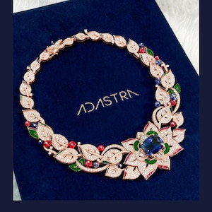 Sapphire Rose Gold Floral Necklace, Gift for her, Handmade Jewelry, 925 Sterling Silver,  Adastra Jewelry