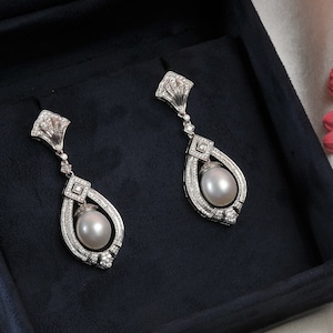 Kolczyki wiszące w stylu vintage dla kobiet, srebro próby 925, białe perły, sprawdź ręcznie robione kolczyki z cyrkoniami na imprezę | ADASTRA JEWELRY