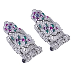 Art Deco Clip Brooch For Men/Women Tricolor Cabochons Studded CZ Diamond Buy Now 925 Sterling Silver Royal Party Wear | ADASTRA JEWELRY