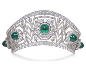 Maria of Yugoslavia Kokoshnik Tiara Romanov Inspired 925 Sterling Silver Green Cabochon Highend Royal Jewelry CZ Russian Romanov Adastra