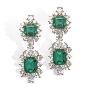 Kolczyki wiszące Statement Dangle dla kobiet 925 srebro Sprawdź zielony szmaragd szlifowany żółte złoto platerowane ślubną odzieżą CZ | ADASTRA JEWELRY