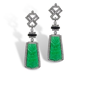 Kolczyki wiszące ze szmaragdem dla kobiet 925 srebro rzeźbione wzornictwo białe długie sprawdź art deco koktajl cyrkonie odzież imprezowa | ADASTRA JEWELRY