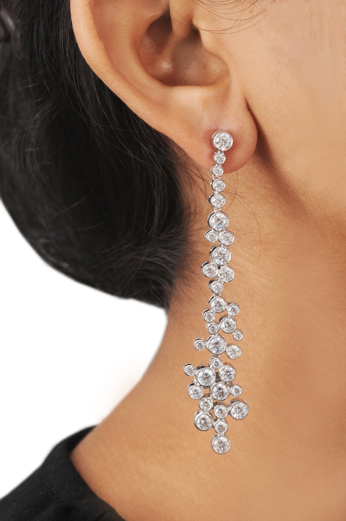 Long Earrings 925 Sterling Silver White Round Diamond Sparkly Etsy