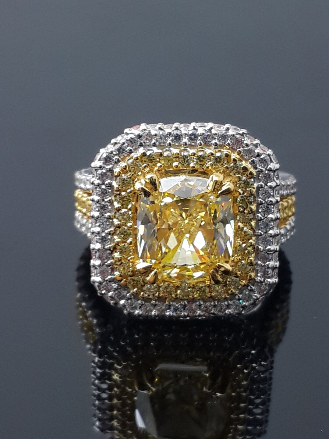 Right Hand Ring for Women 925 Sterling Silver Yellow Cushioncut Double