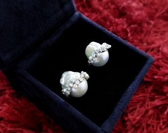 Cultured Baroque Pearl with Diamond Stud Earrings, Gift for her, Handmade Jewelry | ADASTRA JEWELRY