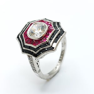 Anillo Art Déco para mujer con halo de rubí y ónix blanco de talla cojín, joyería tachonada, plata de ley 925, para fiesta, con circonita cúbica, joyería Adastra