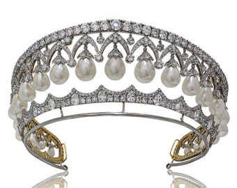 Empress Alexandra Feodorovna Inspired Drop Pearl Tiara, 925 Sterling Silver, Handmade Jewelry| Adastra Jewelry