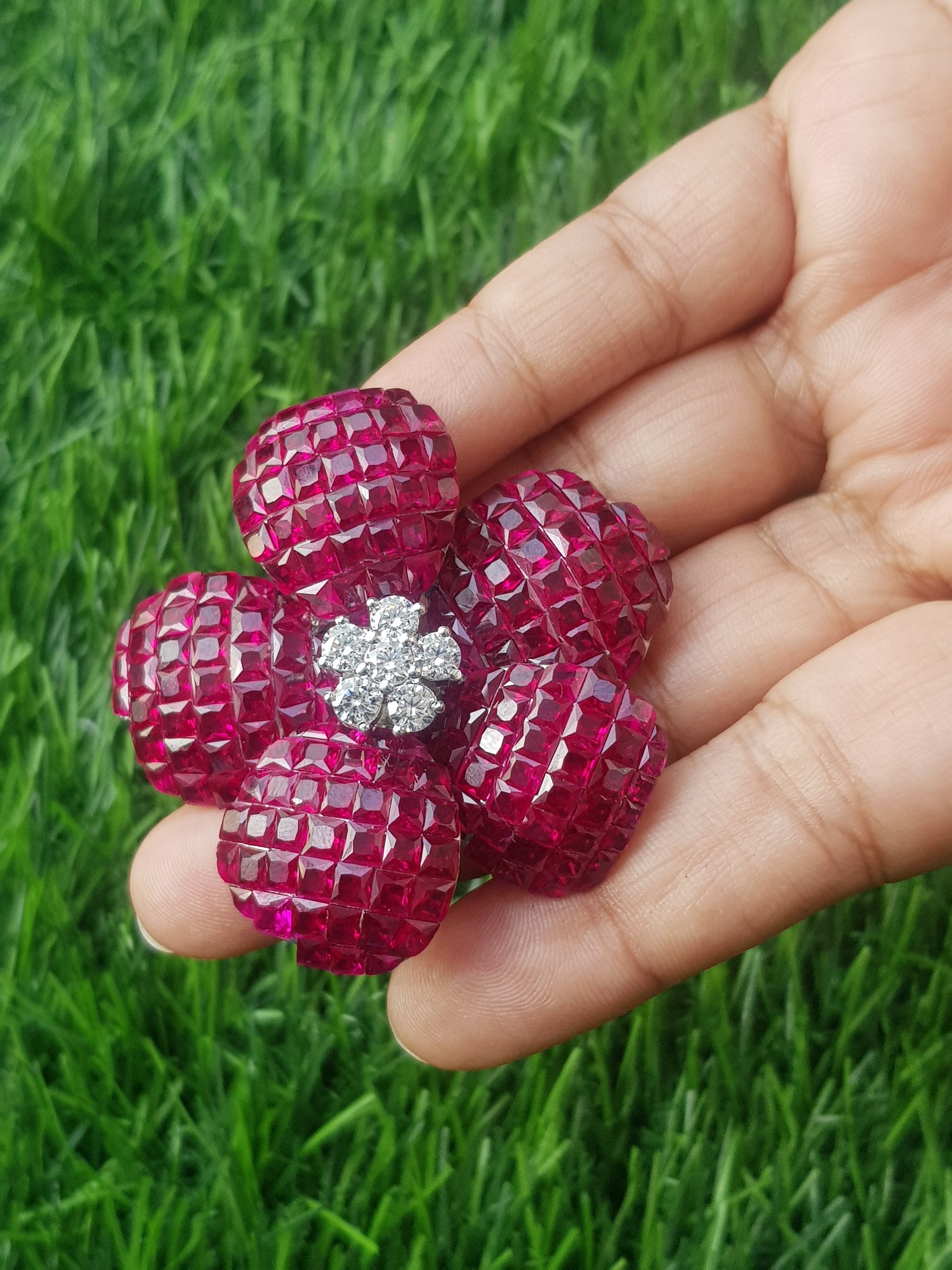 Invisible Set Flower Brooch, Large Lab Ruby Statement