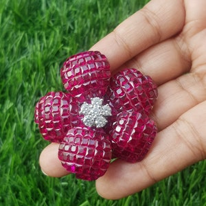 Invisible Set Flower Brooch, Large lab Ruby Statement Jewellery for Women, Red mystery set flower brooch pin, huge brooch sterling silver