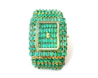 Statement Wrist Watch For Men 925 Sterling Silver Yellow Gold Plated Emerald-Cut Simulated Diamond Jewelry CZ Studded Strap Adastra Jewelry