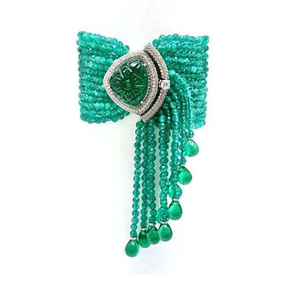 Art Deco Cabochon Emerald Platinum Diamond Bracelet - 75 Carats