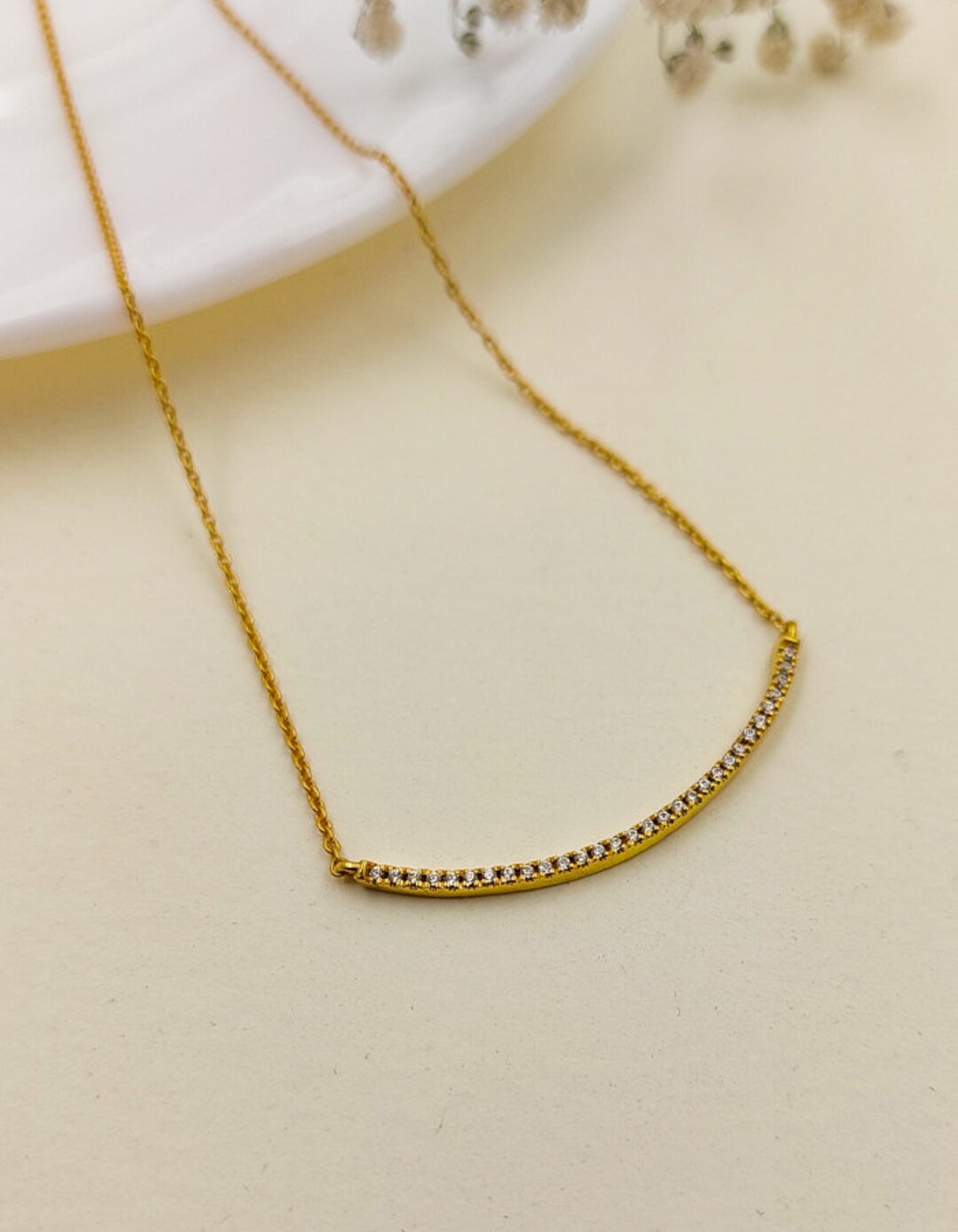 Natural Diamond Arc Chain Necklace, Solid Gold Necklace, Gift for Her ...