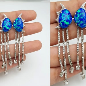Długie wiszące kolczyki dla kobiet 925 srebro niebieski opal kamień Sprawdź ręcznie robione trzyliniowe cyrkonie sześcienne na imprezę | ADASTRA JEWELRY