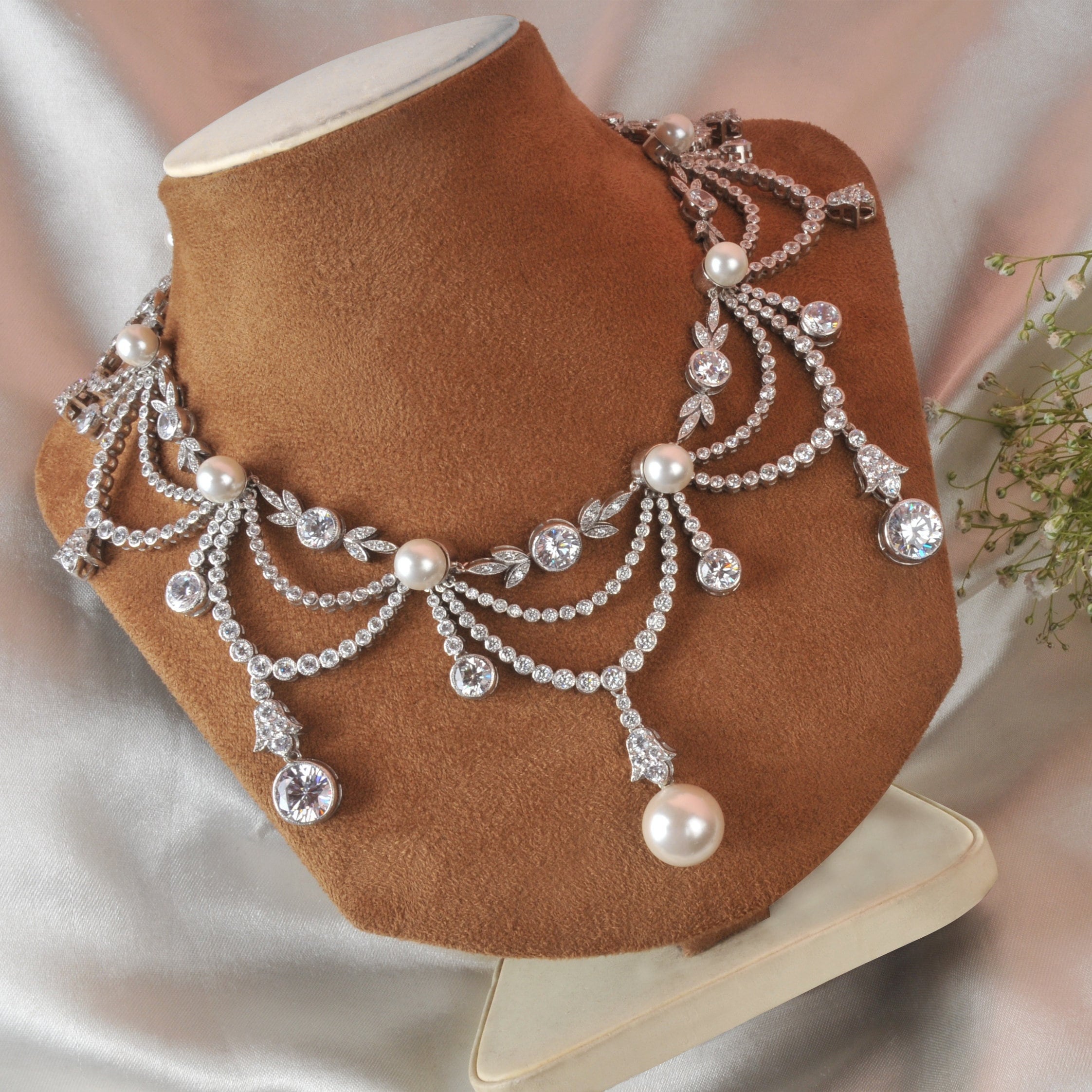 Vintage Style Necklace Dangling Pearl & Simulated Diamond Etsy