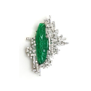 CZ Diamond Brooch 925 Sterling Silver Green Carved Gemstone & White Studded Cubic Zirconia Handcrafted Antique Pin Brooch | ADASTRA JEWELRY