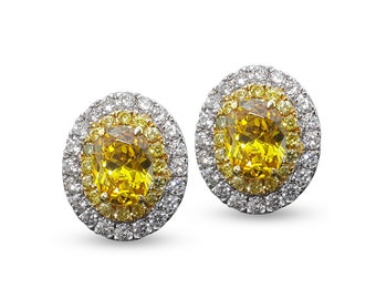 Oval Double Halo Stud Earrings for Women 925 Sterling Silver with Round & Brilliant Cut Yellow CZ White Gold Plating Statement Earrings