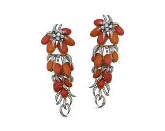 Floral Orange Coral and Diamonds,  Dangle earrings, Gift For her, Handmade Jewelry Adastra Jewelry