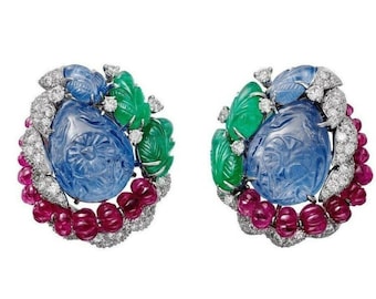 Colorful Earrings For Women 925 Sterling Silver Carved Sapphire & Emerald Beaded Ruby Studs Buy Now CZ Party Wear Earrings | ADASTRA JEWELRY