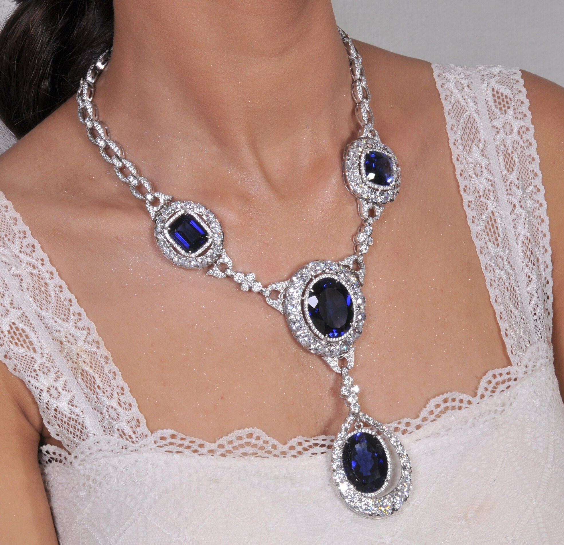Luxury Oval Shape Lab Sapphire Stone Jewelry Sets for Female SIlver Ring  Necklace with Box Chain