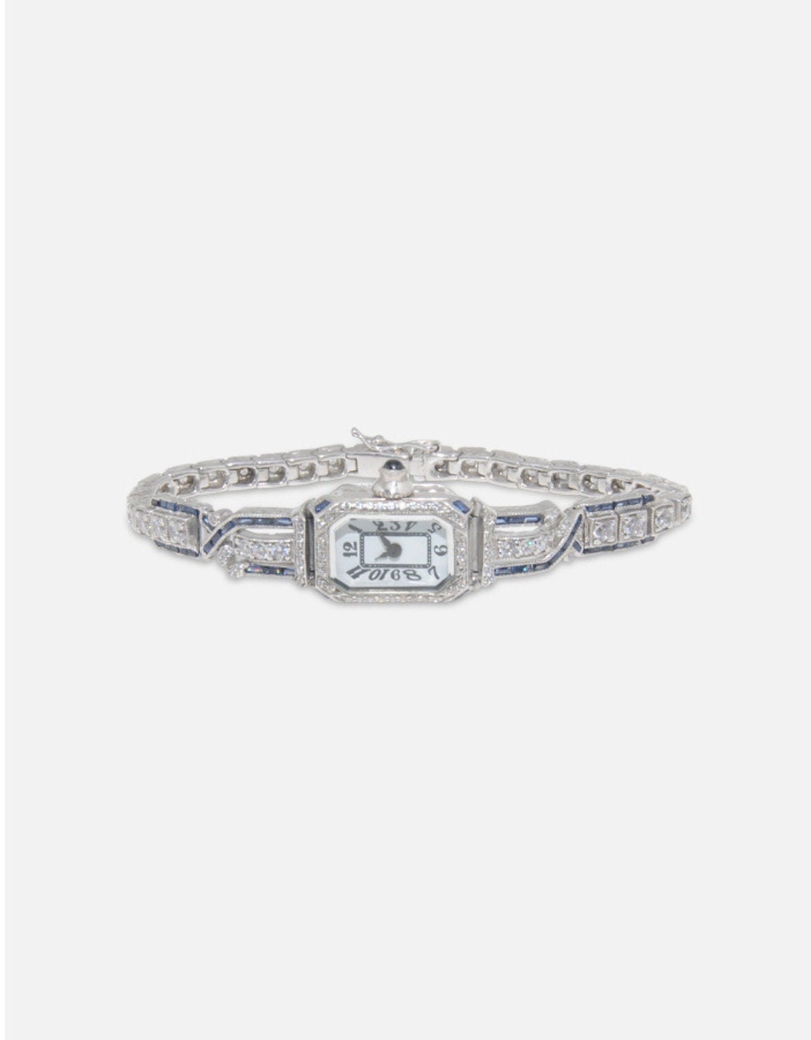Art Deco Wrist Watch For Women Blue & White Jewel Cubic Zirconia Thin Bracelet Style Studded Strap 925 Sterling Silver Adastra Jewelry