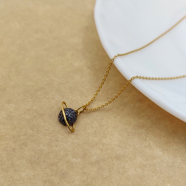 14k Solid Gold Planet Necklace, Sapphire Saturn Pendant, Solid Gold Necklace, Celestial Necklace,  Handmade Jewelry, Adastra Jewelry