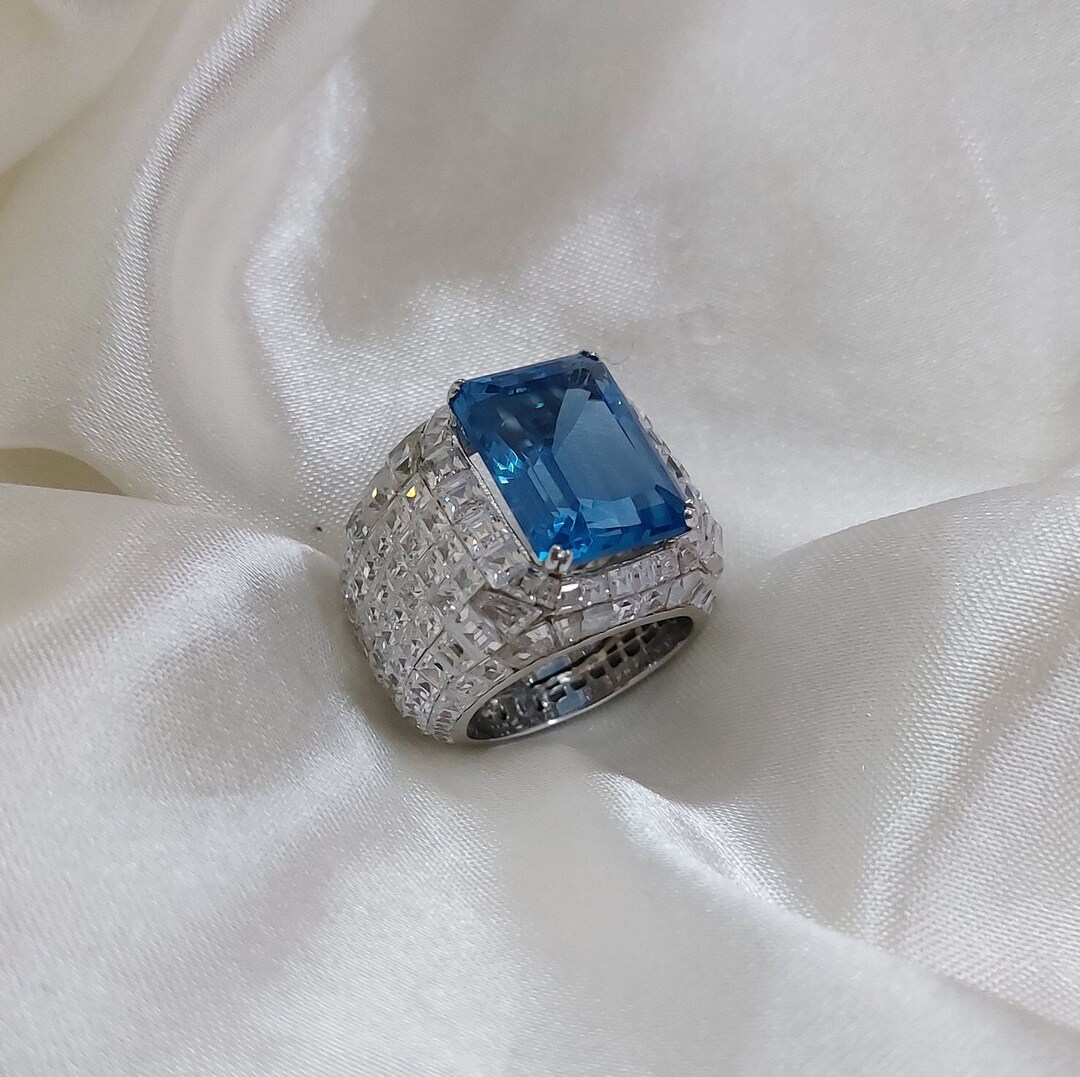 Cocktail Ring for Men Aqua Blue Emerald-cut 925 Sterling Silver Jewelry ...