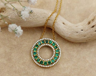 Certified Diamond and Emerald Circular Pendant Chain Necklace, 14K Solid Gold Jewelry Gift for her, Minimalist Jewelry  Adastra Jewelry