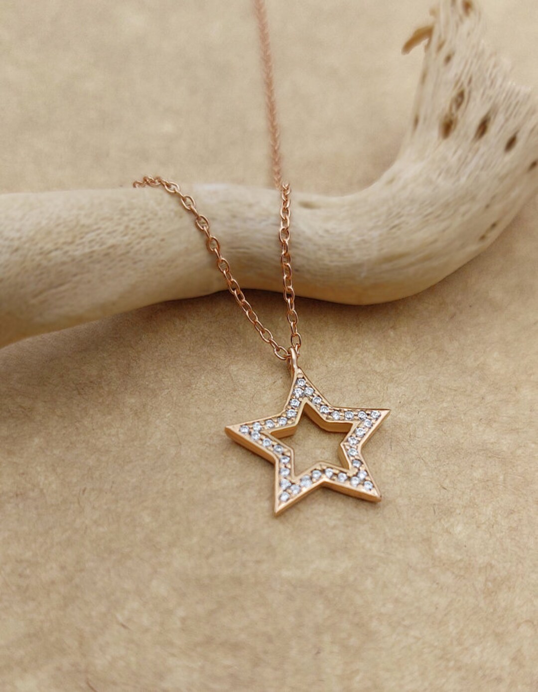 14K Solid Rose Gold Natural Diamond Star Pendant, Solid Gold Celestial ...